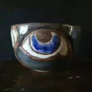 Studio Pottery Bowl Abstract Faces and Eyes Motifs Handmade Brown & Blue Glazes