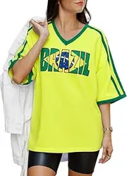 [DUTUT] Brazil Shirt for Women Y2K Short Sleeve T Shirts Brazil Jersey Contrast Binding V Neck Regular Fit Tee Tops