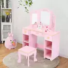 Kids Vanity, Pretend Play Vanity Set with Stool and Tri-Fold Mirror, Little Girl