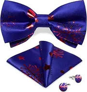 [DiBanGu] Mens Christmas Navy Blue and Red Bow Tie Silk Festival Pattern Pre-tied Bowtie and Pocket Square Cufflinks Set for Xmas Party Holiday Vacation with Gift Box, blue and red, One Size