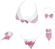 [NOIAFZY] 1Set Seductive Bunny Lingerie Set Alluring Three-Point Lace-Up Neck Ring Accent Fishnet Thigh-High Socks for Women Pink, Pink, One Size