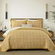 Finlonte Cotton Quilts Queen Size - 100% Cotton Queen Comforter Set, Botanical Quilt Bedding Set, Lightweight Reversible Soft Quilted Bedspread for Queen Bed, Gold/White, All Season, 3 Pcs