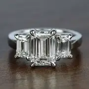 3Ct Emerald Cut Lab-Created Diamond 3 Stone Engagement Ring 14KWhite Gold Plated