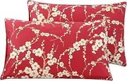 WINLIFE 100% Cotton Pillowcases Set of 2 Floral Printed Pillow Case Beige Plum Blossom on Red Pillow Cover, Standard 20x26''