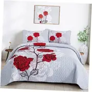 Floral Quilt Set King Size,Elegant Floral Printed Bedspread King(104"x90") Red