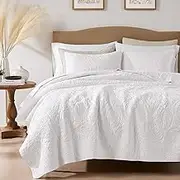 palassio White Paisley 100% Cotton Quilt King Size Bedding Sets with 2 Pillow Shams, Boho Floral Lightweight Farmhouse Country Vintage Soft Bedspread Shabby Chic Coverlet for All Season, 3 Pieces