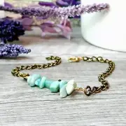8.5" Amazonite Crystal Beaded Anklet Bracelet, Bronze Dainty Gemstone