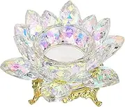 Crystal Lotus Flower Tea Light Holder Votive Candle Stand with Gold Metal Base, AB Color Glass Lotus Tealight Candlestick Holder Candle Lamp for Table Centerpiece Wedding Decor