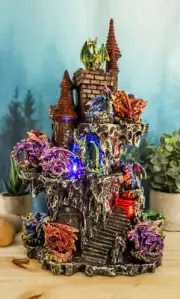 Medieval Rocky Cliff Castle LED Light Display Stand With 12 Mini Dragons Statue