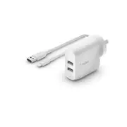 Belkin BoostCharge Dual USB-A Wall Charger 24W + Lightning to USB-A Cable (1M) - White (WCD001au1MWH), 2xUSB-A (12W), Dual Port Fast Charger
