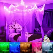 White Bed Canopy with Star Lights Girls Bedroom Christmas Decor, 8 Corners Po...