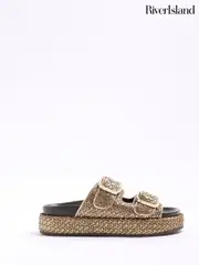River Island Gold Raffia Flatform Double Strap Sandals (F69338) | $92