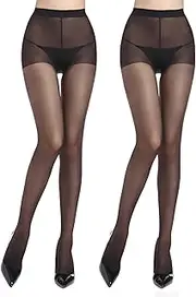 [ZIHUA] 2 Pairs Run-Resist Sheer Tights for Women, 20 Denier Nylon Control Top Black Nude Tights with Reinforced Toes, S-XL