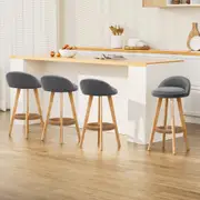 4x Bar Stools Padded Linen Wooden Grey