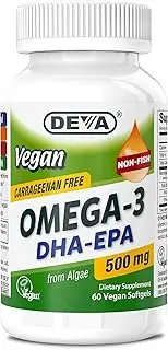 Deva Vegan Omega-3 DHA - EPA 500 mg Potency - Carrageenan Free - Non Fish - from Algae - 60 Vegetarian/Vegan Softgels, Manufactured in The USA**