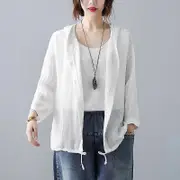 Cotton Linen Hooded Jacket Women's Summer Loose Leisure Thin Sunscreen ShirtLong Sleeved Cardigan Top white