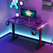 Advwin Electric Standing Desk Gaming Desk RGB LED Ergonomic Sit Stand Desk Height Adjustable Carbon Fiber Desktop with Hook Cup Holder and Memory Lifting Black 120cm