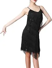 [Tadill] Women's Sequin Tassel V-Neck Rumba Ballroom Party Dress, Black, L