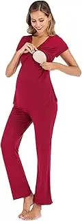 [rismart] Women's Maternity Fashion Nursing Pyjama Set Cotton Pyjamas Short Sleeve Top and Long Trousers Summer