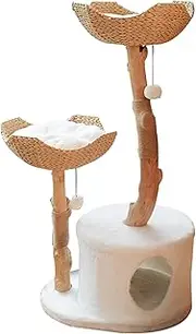 Modern Wooden Cat Tree Tower for Indoor, 46" Tall Cat Climbing Furniture with Scratching Posts, Cat Condo, Cat Beds, Toy Balls, Washable Cushions, Cat Scratcher House for Large Adult Cats