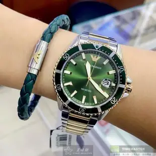 ARMANI手錶, 男錶 44mm 綠金圓形精鋼錶殼 墨綠色中三針顯示, 運動, 水鬼錶面款 AR00043