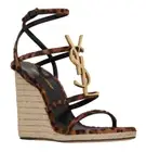 Saint Laurent YSL Cassandra Leopard Brown Opium Ankle Strap Wedge Sandal Heel 35