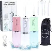 Essential Ways Cordless Water Flosser, 220ml Portable Water Flosser Rechargeable 4 Hour Battery Life, 4 Cleaning Floss Picks, IPX7 Waterproof Teeth Cleaner, 3 Pressure Modes for Travel, Home (Green)