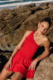 [PUP4] Allison One Shoulder Mini Dress - Red XS Red