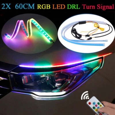 Car RGB Slim Sequential Flexible LED DRL Turn Signal Strip Remote For Headlight