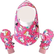 Geyoga Kids Winter Balaclava Snow Ski Hats Mittens Windproof Gloves Waterproof for Winter Warm Ages 2-6 Toddler
