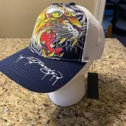 Ed Hardy Tiger Tattoo Blue White Mesh Trucker Hat Adjustable Snapback Unisex NWT