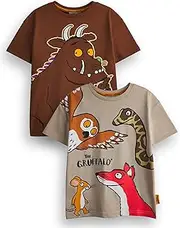[The Gruffalo] Kids T-Shirt Pack of 2 | Brown Gruffalo & Friends Graphic Tee for Boys | Short Sleeve Multicoloured Multi-Pack Fairy Tale Top Set | Story Book Merchandise Gift Bundle for Children