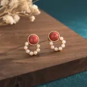 Chinese Style Women Fashion Simple South Red Stone Pearl Earrings