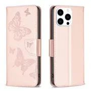 For iPhone 16 Pro Max Case, PU Leather Butterfly Cover, Rose Gold
