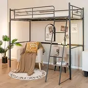 Giantex Loft Bed with Ladder, Heavy-Duty Steel Bed Frame with High Guard Rails & Ample Underneath Floor Space for Working & Relaxation, Versatile Bed Frame, No Box Spring Needed, Space-Saving (Black)
