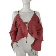 Honey Belle Womens Cold Shoulder Crop Top Size Small Rose Pink Tie Front