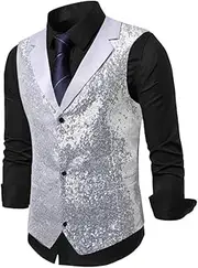 [HEYDHSDC] Men'S Shiny Sequin Decorated Black Suit Collar Sleeveless Vest For Wedding Party Stage Performance Silver L