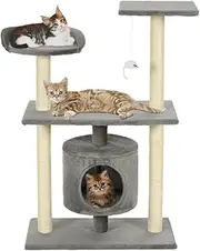 Durable Cat Scratching Post with a House, Cat Tower with Sisal Scratching Posts, All-Season Cat Tree with Dangling Toy for Indoor Large Cats, Kittens, Grey