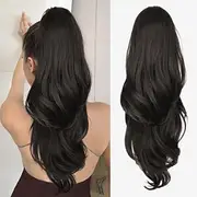 Ponytail Extension Drawstring Ponytail Extension for Women 26 Inch Long Dark Brown Wavy Layered Pony Tails Hair Extensions Synthetic Clip in Ponytail Hairpiece