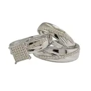 0.56 Ct Natural Diamond Round Cut Square Frame Engagement Trio Ring Set 10k Gold