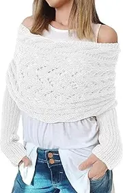 [Larmliss] Knitted Cable Wrap, Scarf for Women, Hollow Out Crochet Cocoon Shrugs, 2024 Trendy Knit Sweater Scarf with Sleeves