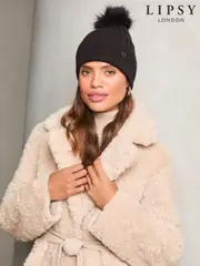 Lipsy Black Cosy Ribbed Pom Pom Beanie Hat With Wool (AY9676) | $14