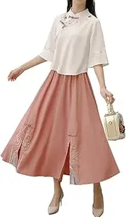 [Generic] Chinese Tang Suit Women's Traditional Qipao Cheongsam Embroidered Two Piece Outfit Mandarin Top Tea Length Skirt Dress
