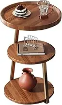 3-Tier Wooden Round Modern Side Table, Metal Frame Round Sofa Table, Small Space Corner for Living Room Bedroom Balcony (Walnut Color)