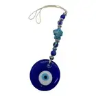Large Blue Glass Evil Eye Hanging Ornament with Fish Bead and Silver Accents