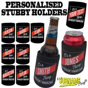 SURNAME STUBBY HOLDER Christmas bottle Gifts Can Name cooler Stubbie Gift