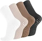 [KEYRI] 4 Pcs Yoga Grip Socks Women Non Slip Pilates Socks Grippy Sock Ladies Mid-Calf Grip Sock Breathable Cotton for Ballet Full Toe Ankle Fall Prevention Grip for Ballet Pilates Home