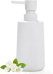 DAHACIS White Soap Dispenser, Small Hand Soap Dispenser for Bathroom, Refillable Dish Soap Dispenser for Kitchen Countertop, Modern Striped Liquid Soap Dispenser with Pump (White, Liquid)