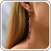[Cybche] Vintage Long Ruby Rhinestone Dangle Drop Earrings Gold Long Tassel Red Crystal CZ Chain Earrings Wedding Ruby Huggie Hoop Studs Jewelry for Women