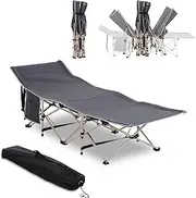 Outsunny Single Person Camping Bed Folding Cot Outdoor Patio Portable Military Sleeping Bed Travel Guest Leisure Fishing with Side Pocket and Carry Bag - Grey